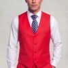 Red four-button vest with white shirt and matching red trousers