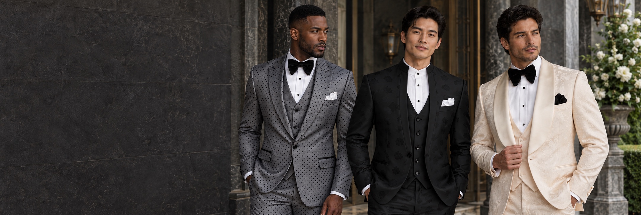 Wedding Suits & Tuxedos — Grey Polka Dot, Black Mandarin and Champagne Floral from Gentlemansguru.com Three men in charcoal polka dot and black floral Mandarin collar wedding suits and a champagne floral tuxedo at an elegant estate from Gentlemansguru.com