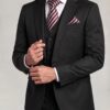 Black suit lapel and cuff detail with striped tie and matching pocket square