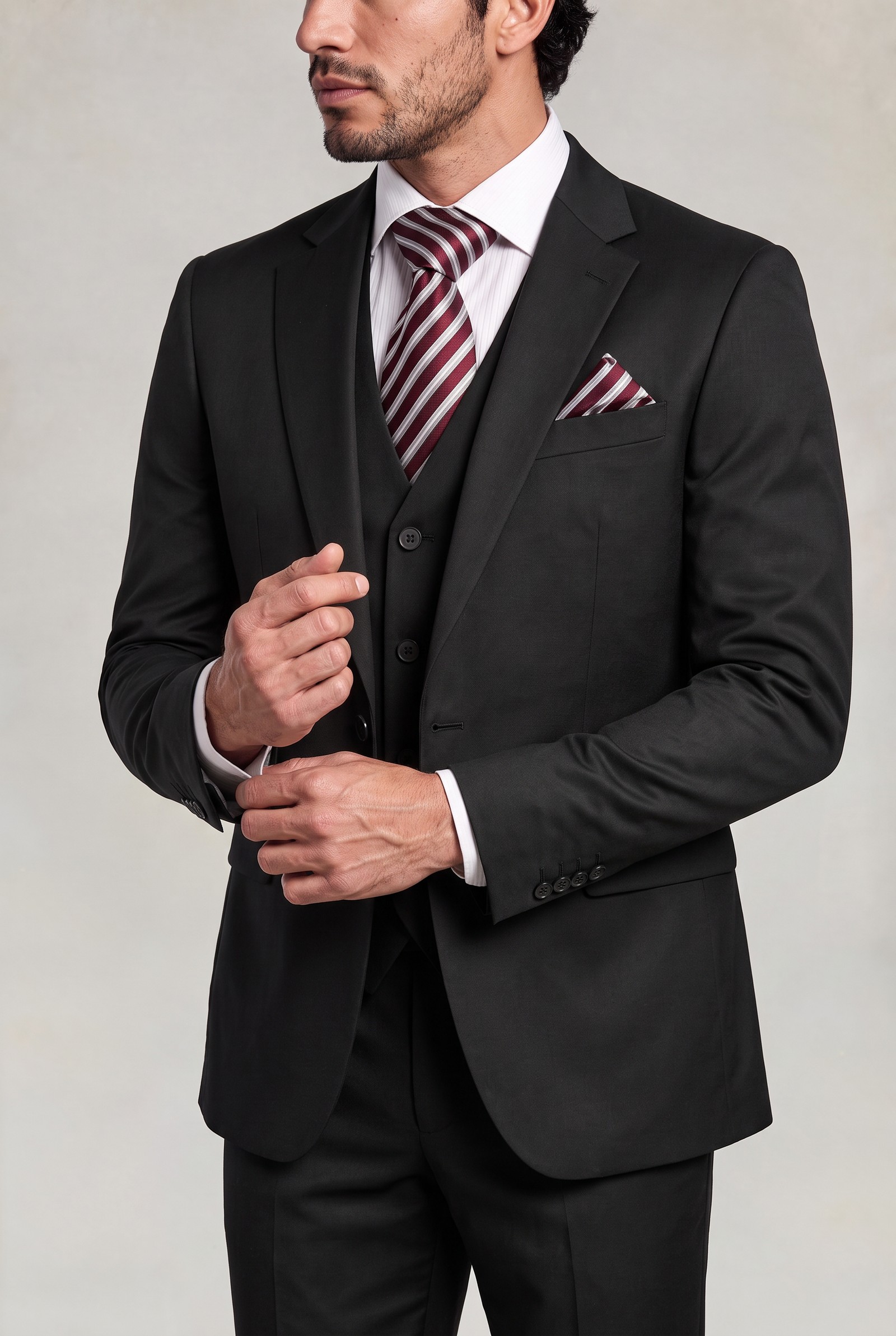 Black suit lapel and cuff detail with striped tie and matching pocket square