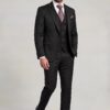 Full-length classic three-piece black suit with matching trousers and dress shoes