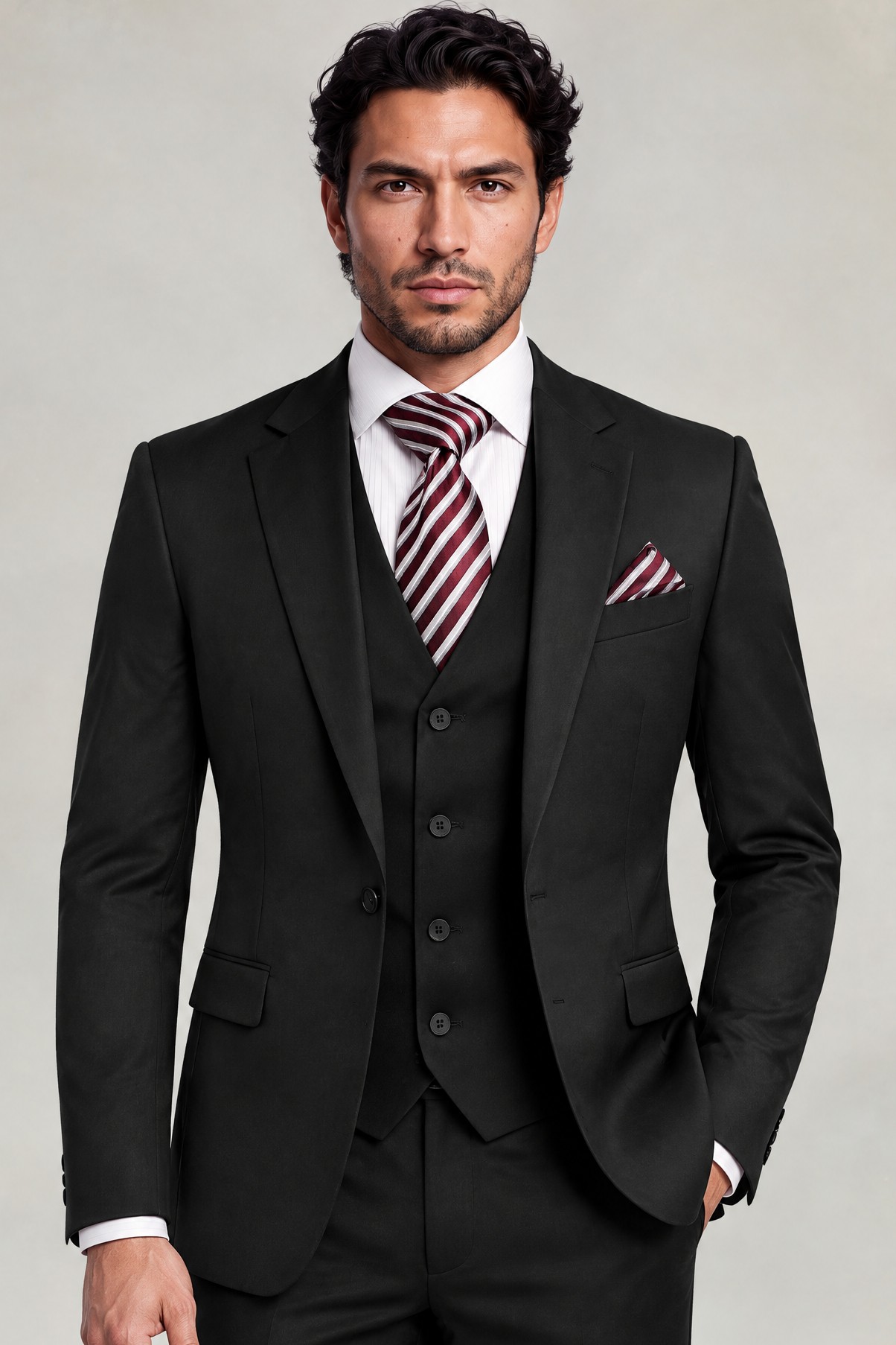Classic three-piece black suit with notch lapels, four-button vest and striped tie