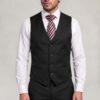 Four-button black suit vest with V-neck and pointed hem