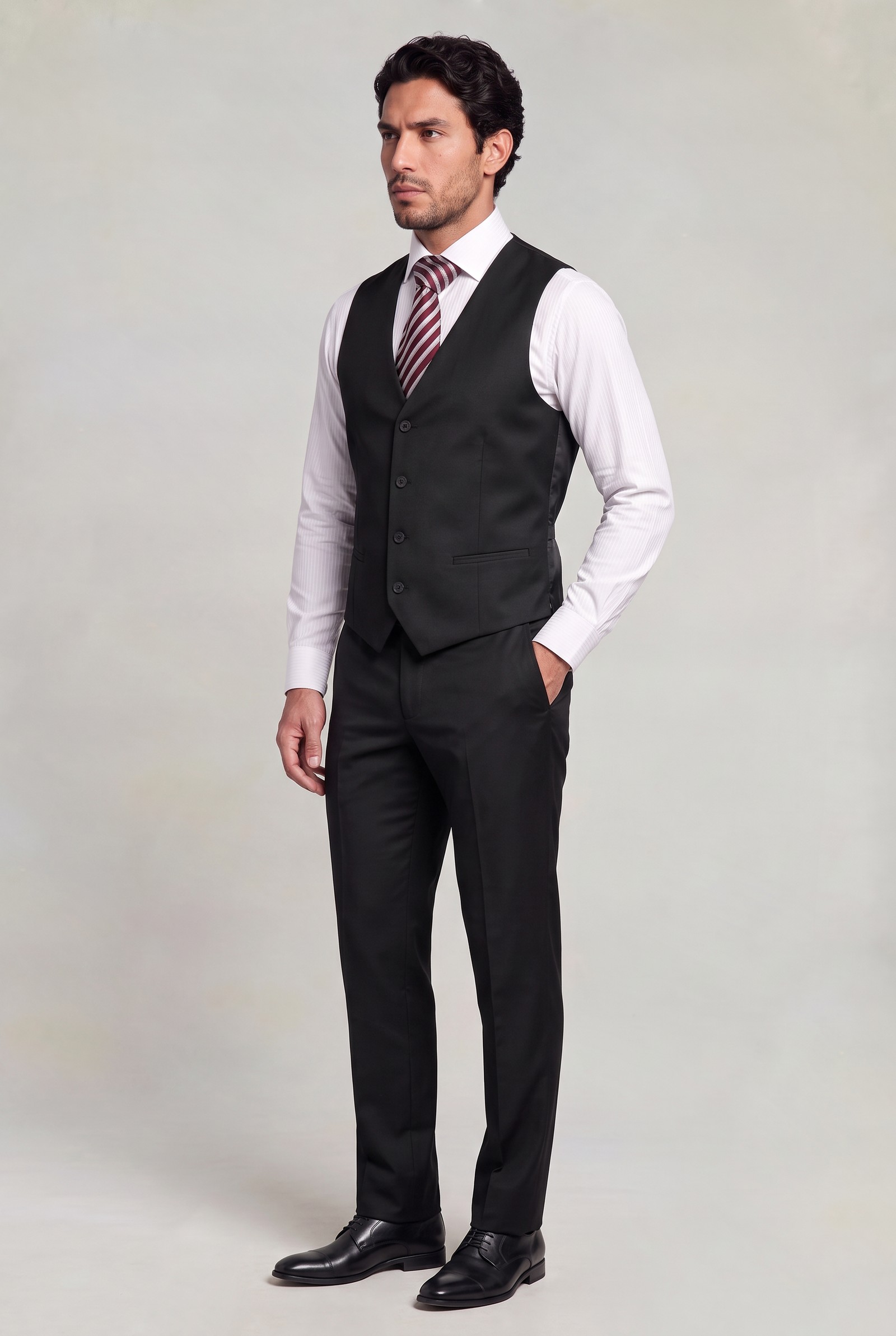 Full-length black vest and matching trousers with white shirt and striped tie