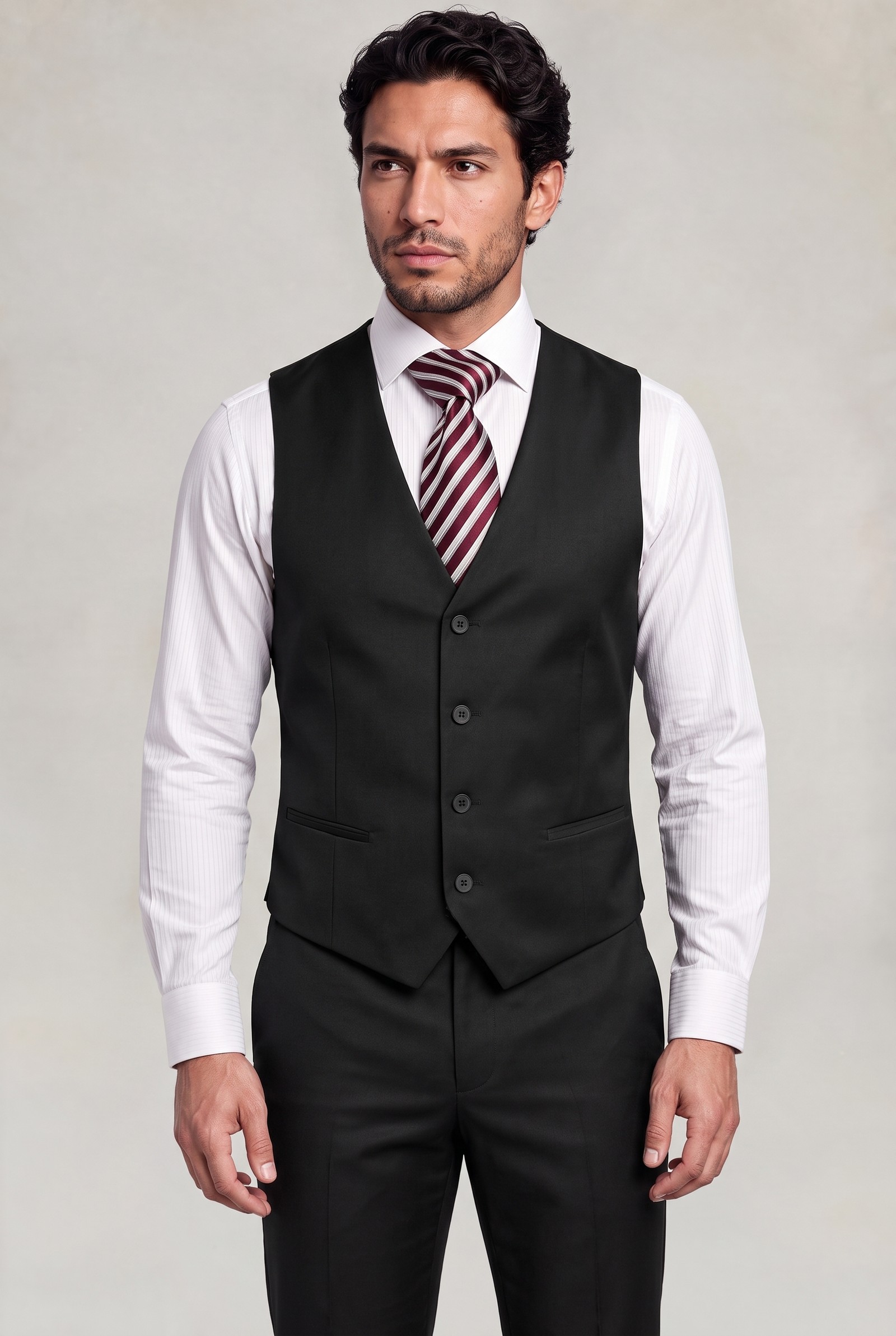 Four-button black suit vest with V-neck and pointed hem