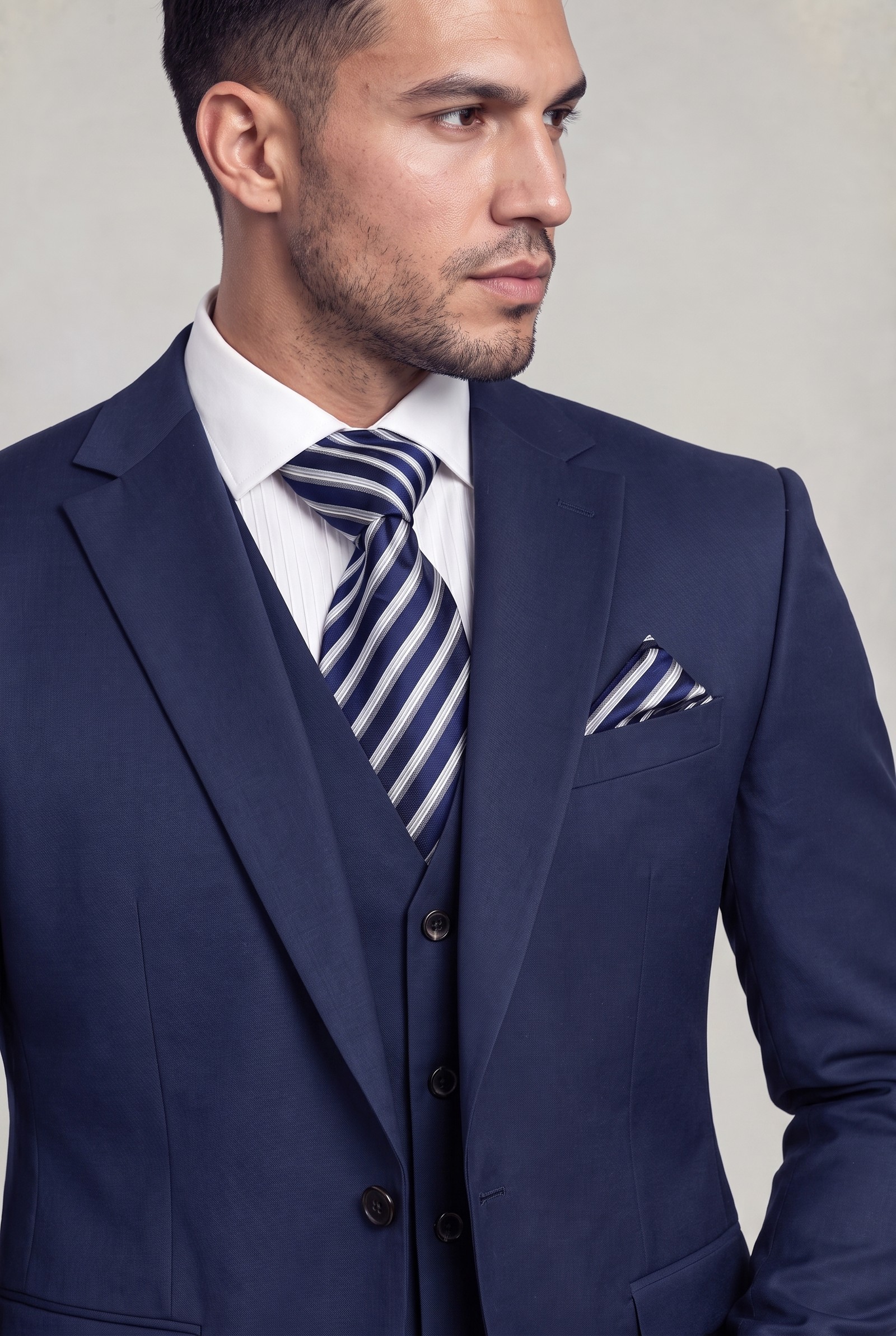 Close-up of navy suit notch lapel, striped necktie and matching pocket square