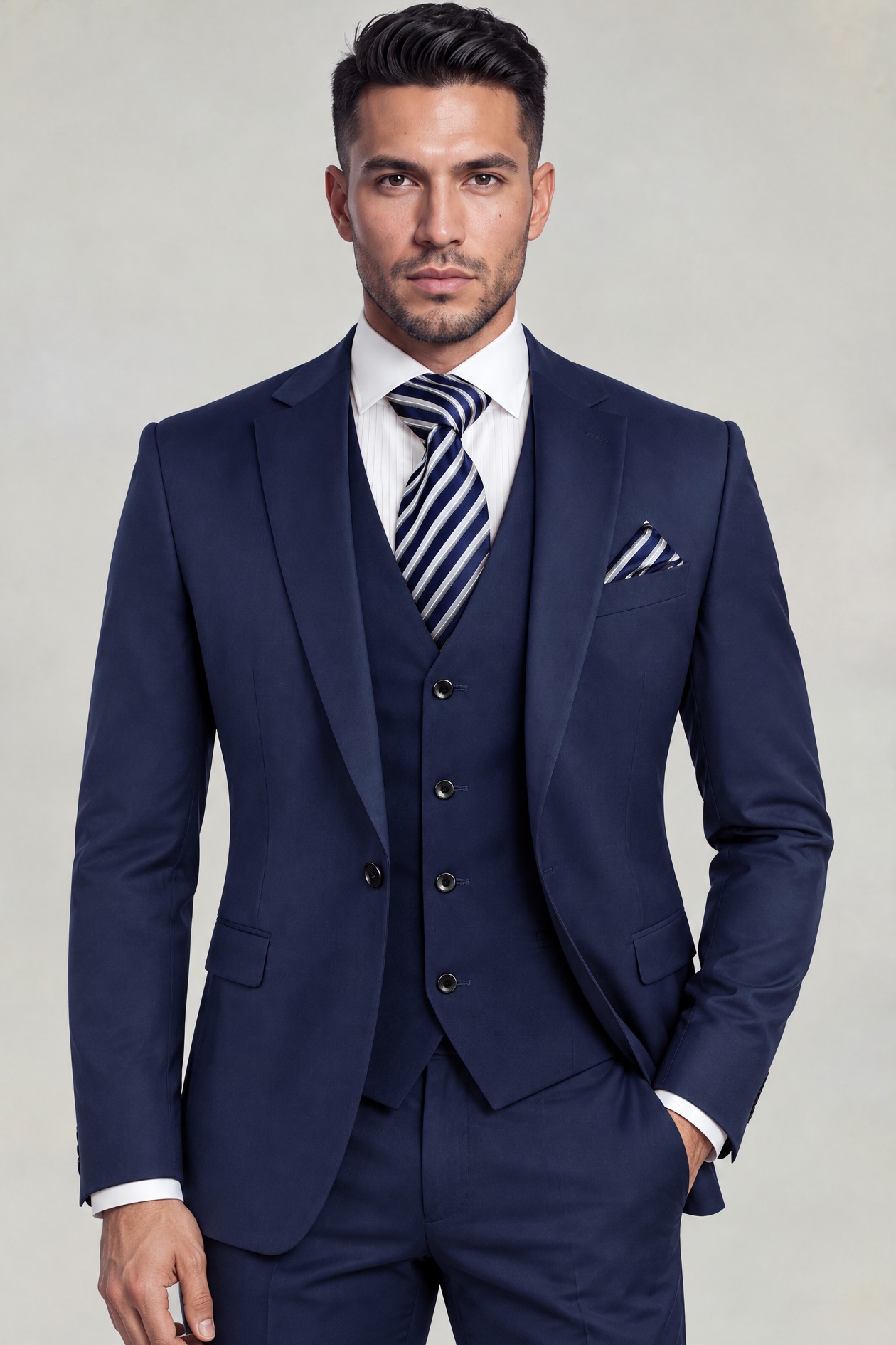 3 piece navy blue suit with notch lapels and striped tie