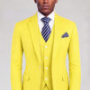 Front view of a pastel yellow three-piece suit with notch lapels and matching vest from Gentleman's Guru