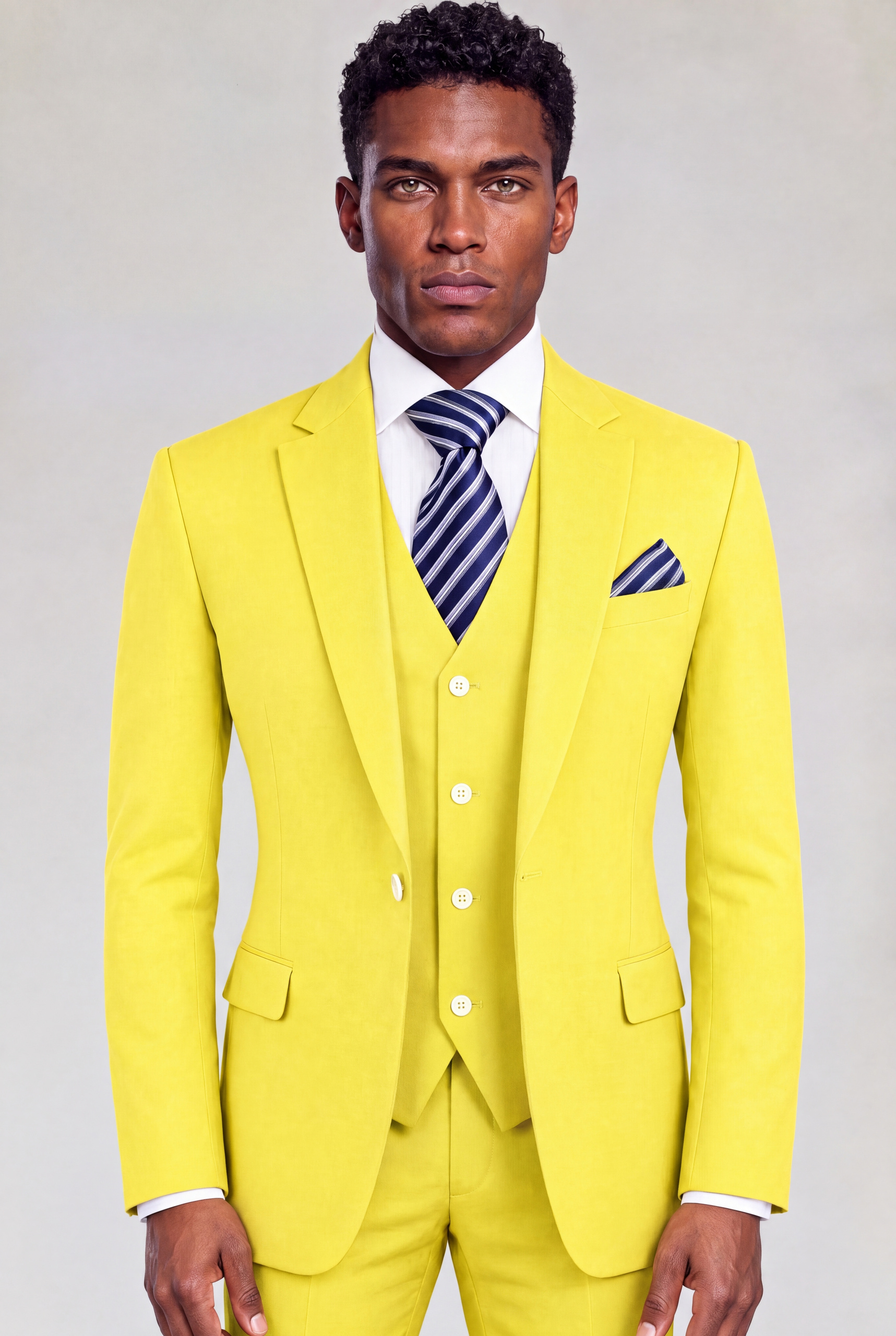 Front view of a pastel yellow three-piece suit with notch lapels and matching vest from Gentleman's Guru