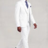 Full-length side walking view of a white suit with notch lapels and matching white trousers from Gentleman's Guru