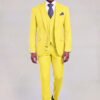 Front walking view of a yellow three-piece suit with a four-button vest and black dress shoes from Gentleman's Guru