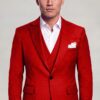 Red polka dot three-piece suit with notch lapels and matching trousers