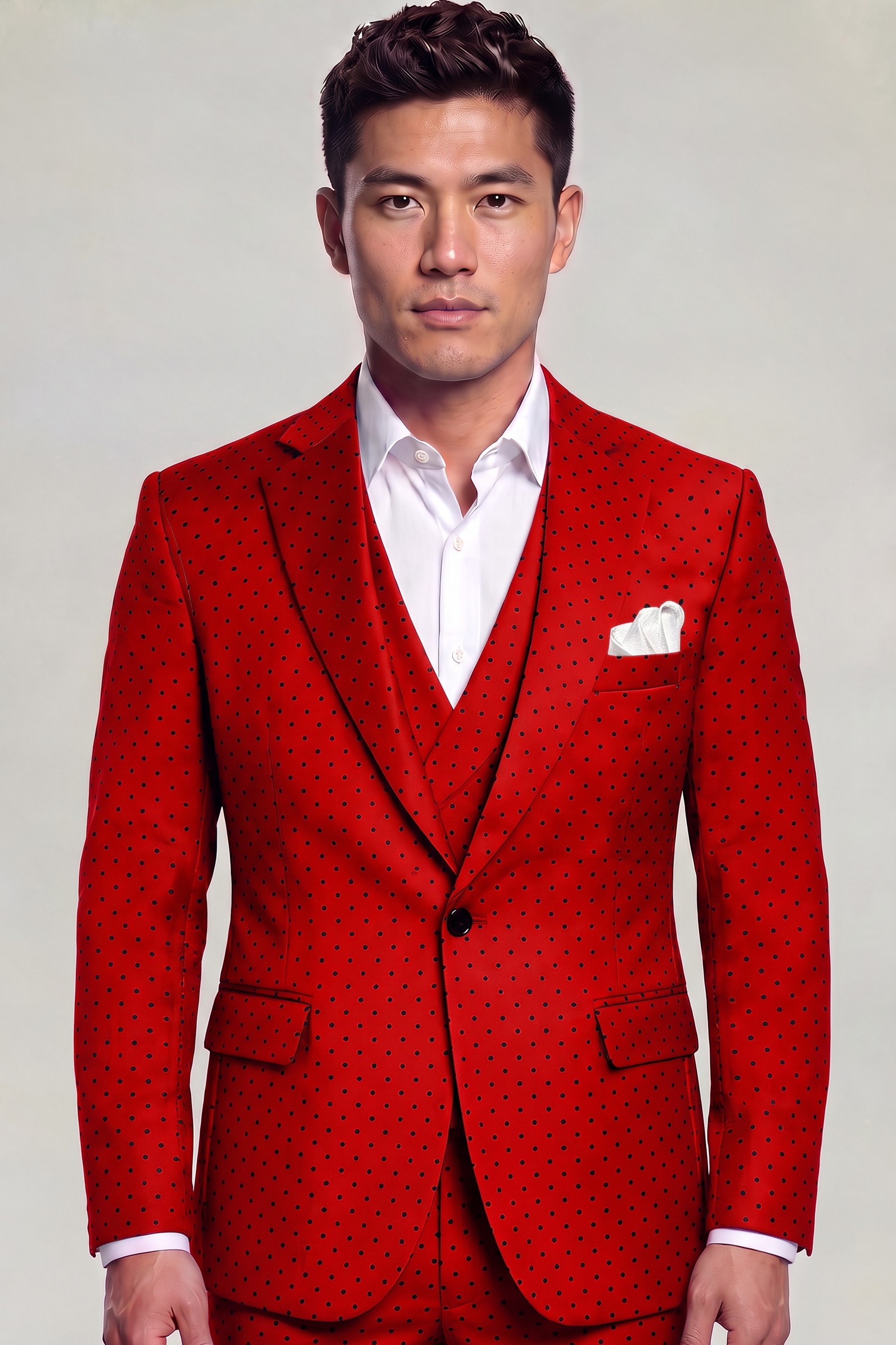 Red polka dot three-piece suit with notch lapels and matching trousers