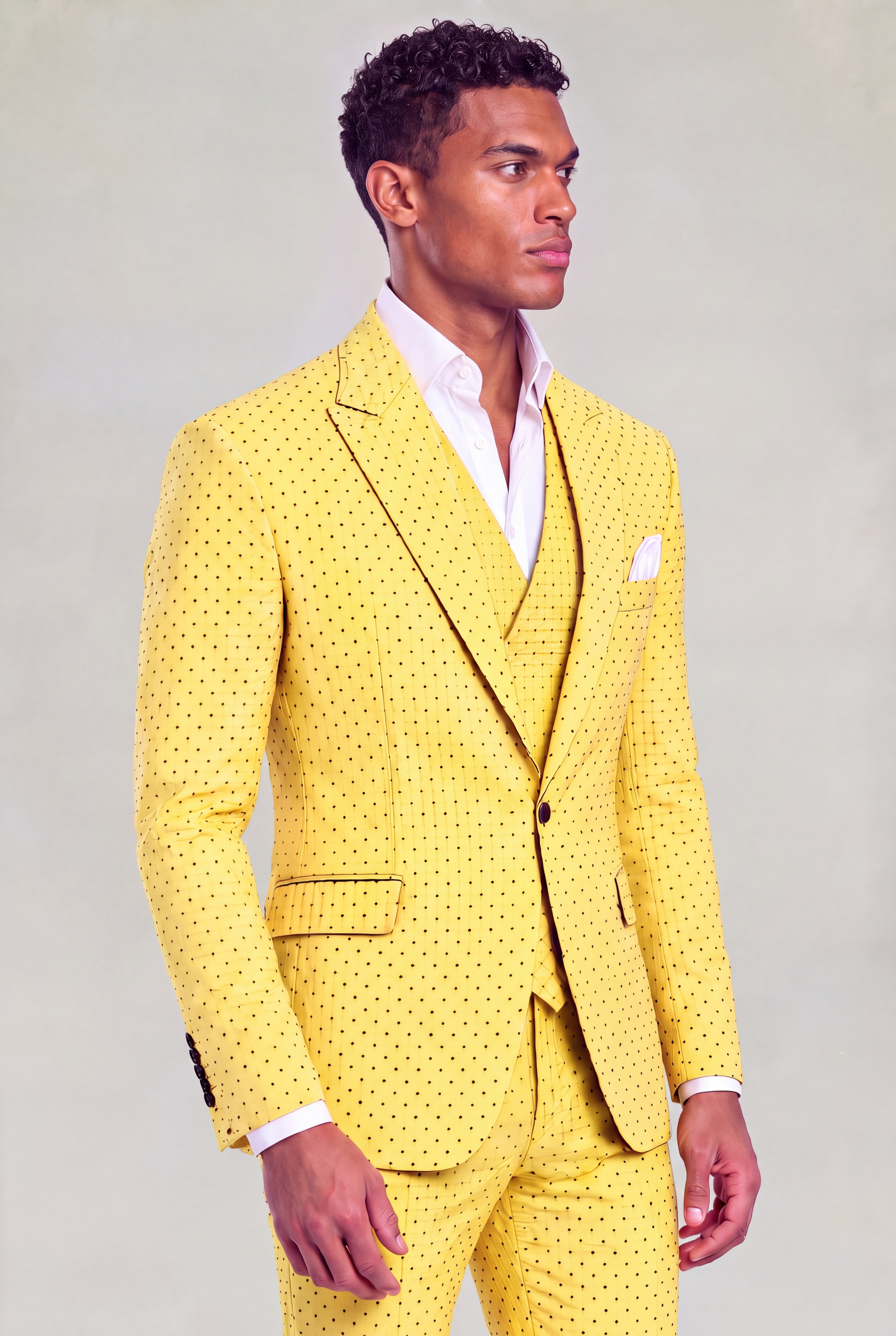 Three-quarter side portrait of a buttoned yellow polka-dot suit with notch lapels from Gentleman's Guru