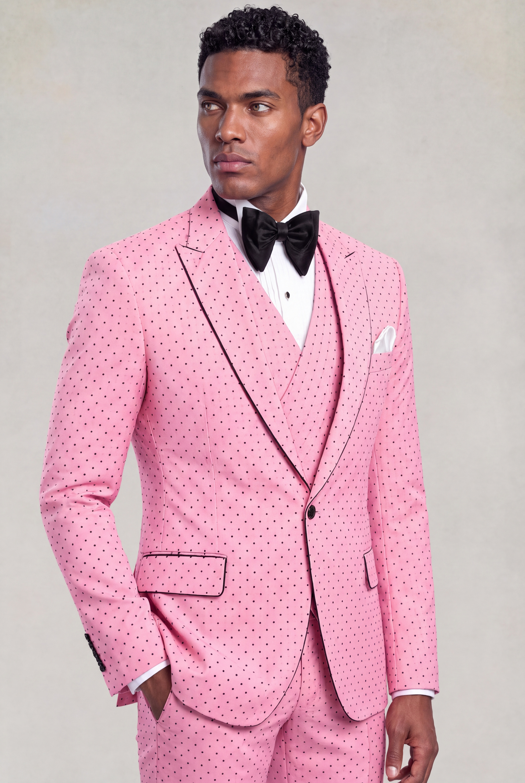 Side portrait of a light pink polka dot wedding suit with notch lapels and white pocket square from Gentleman's Guru