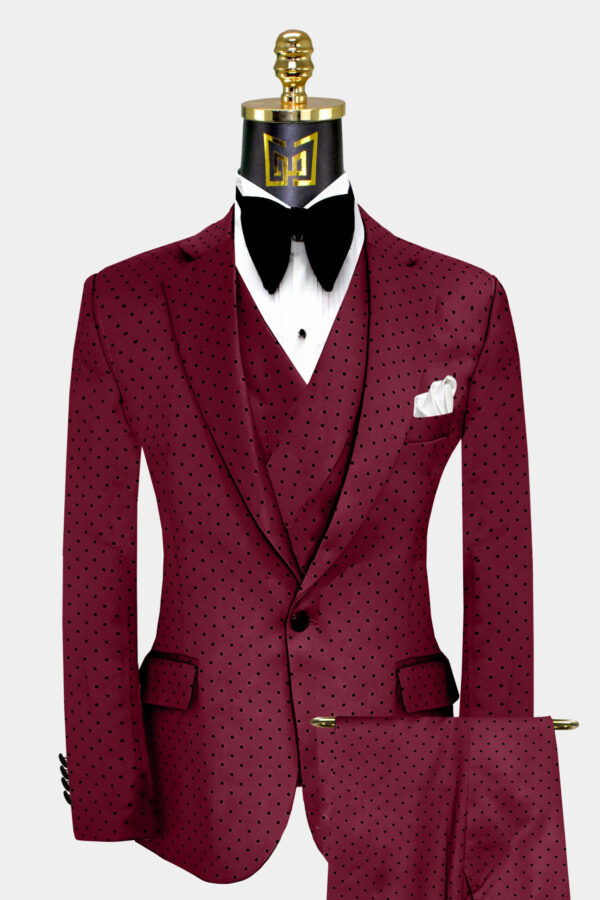 Chic Burgundy Polka Dot Suit - 3 Piece