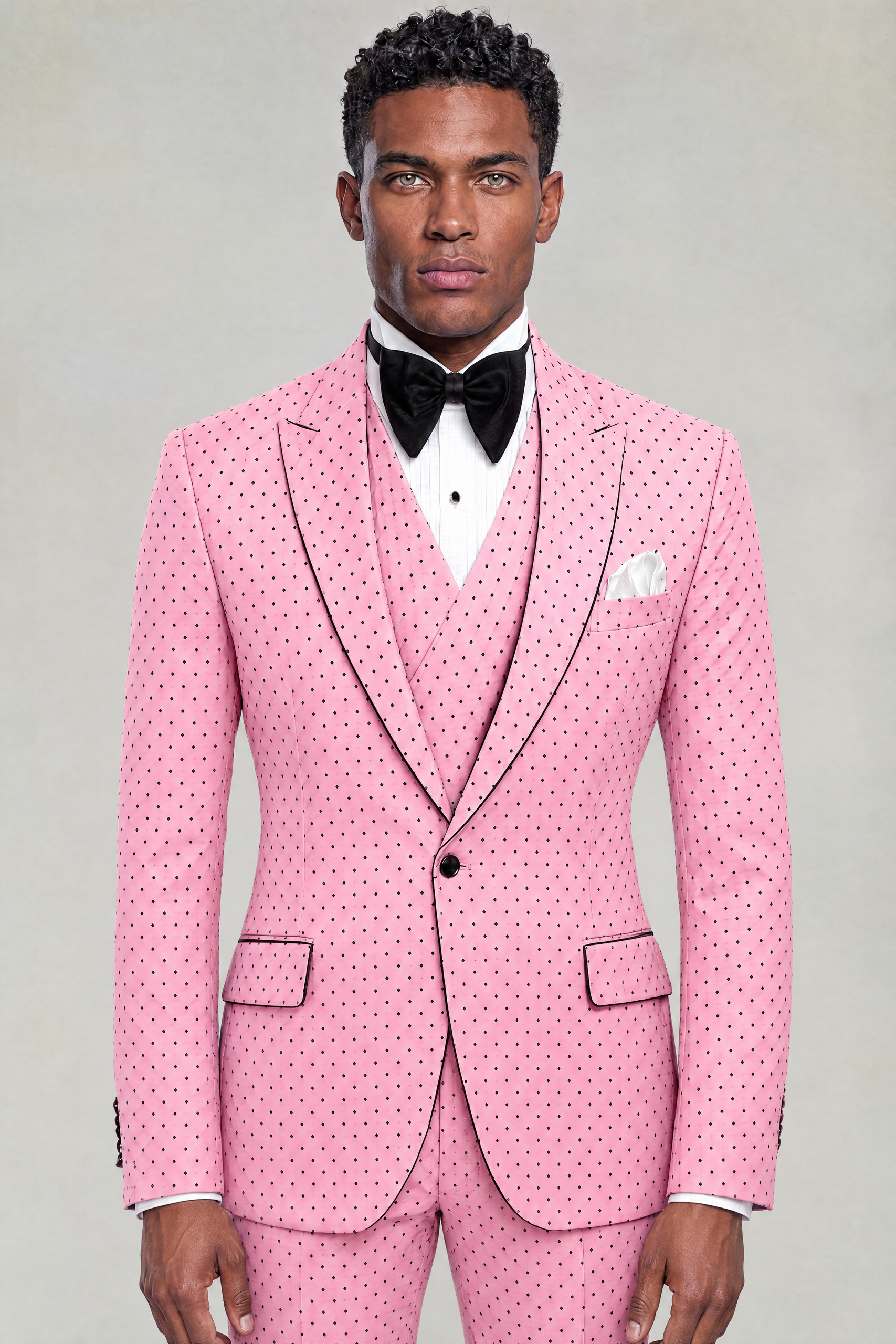 Front portrait of a light pink polka dot three-piece suit with black piping and matching trousers from Gentleman's Guru