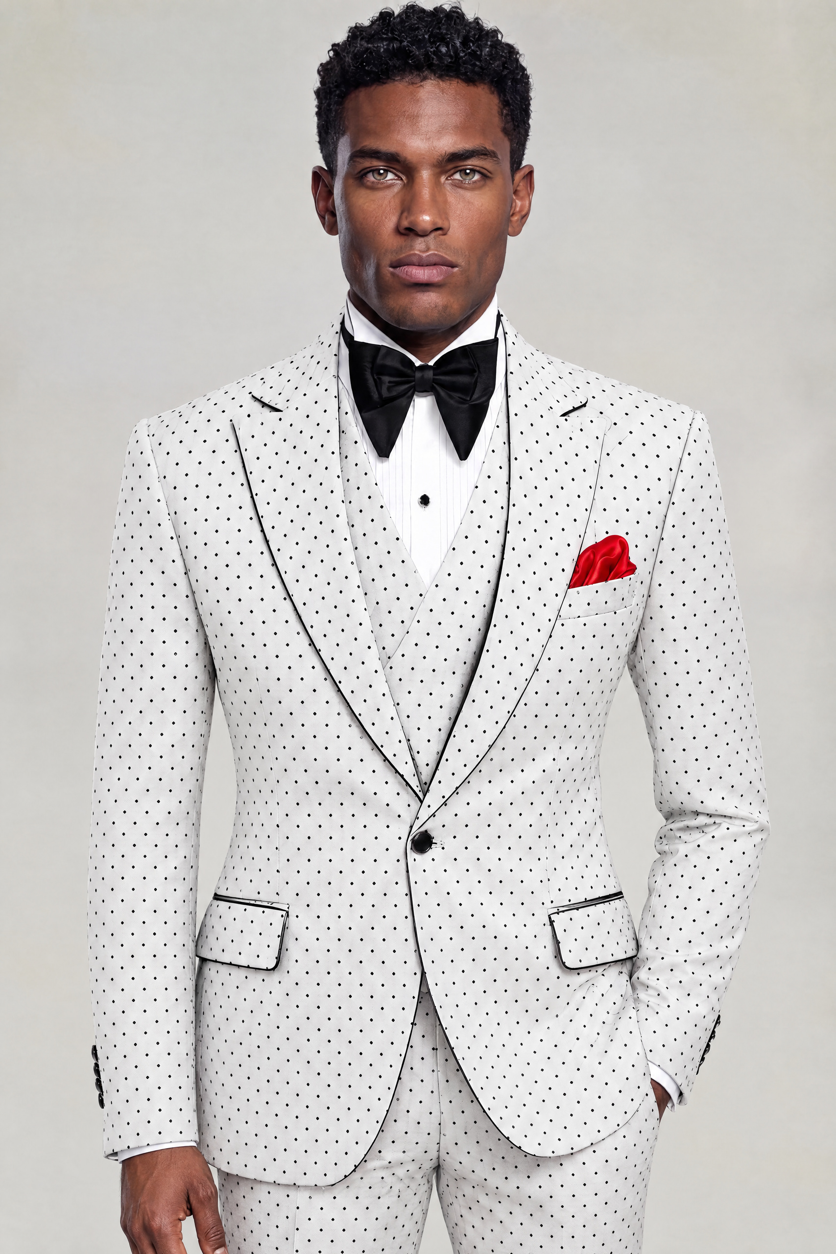 Front portrait of a white polka dot three-piece suit with black piping and a red pocket square from Gentleman's Guru