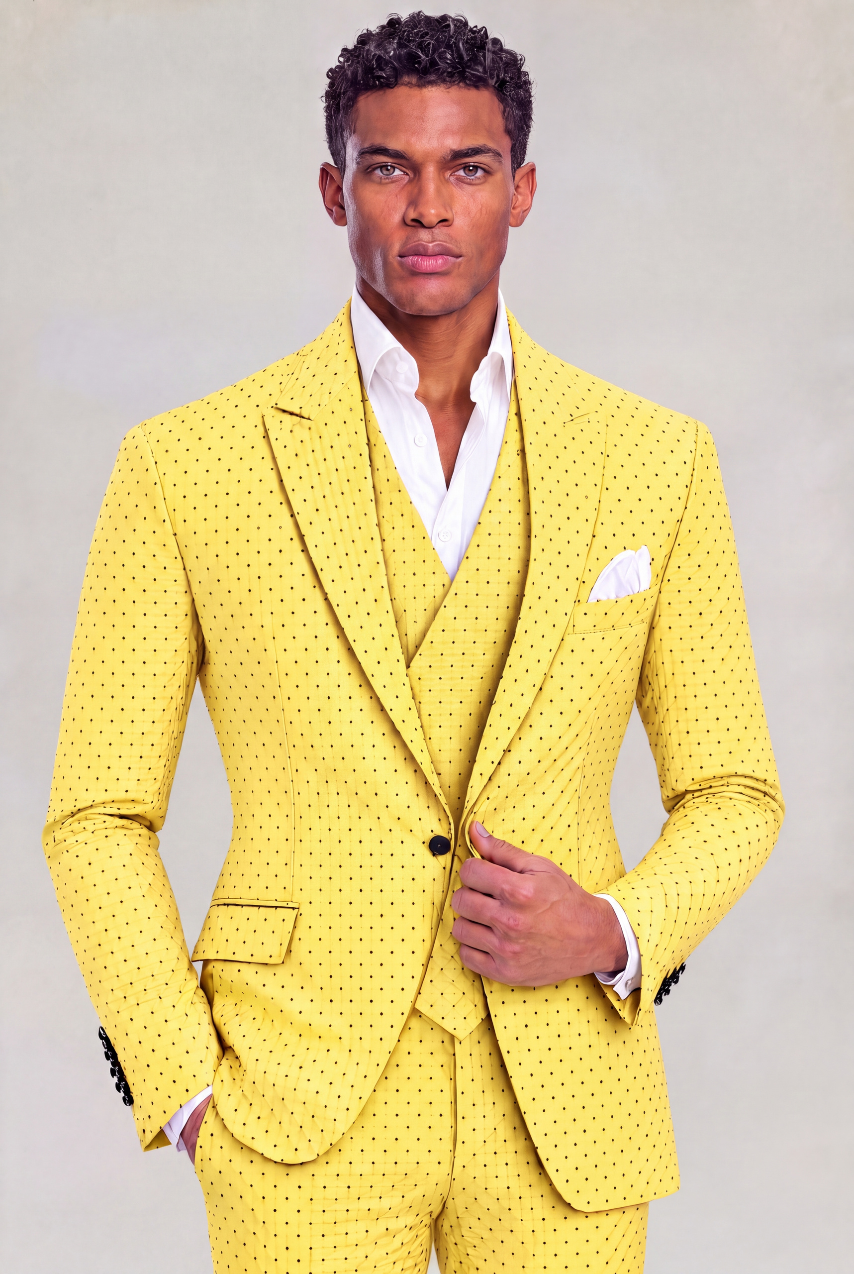 Yellow polka-dot three-piece suit with matching trousers and an open-collar white dress shirt from Gentleman's Guru