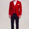 Full-length red polka dot jacket and eight-button vest with black trousers