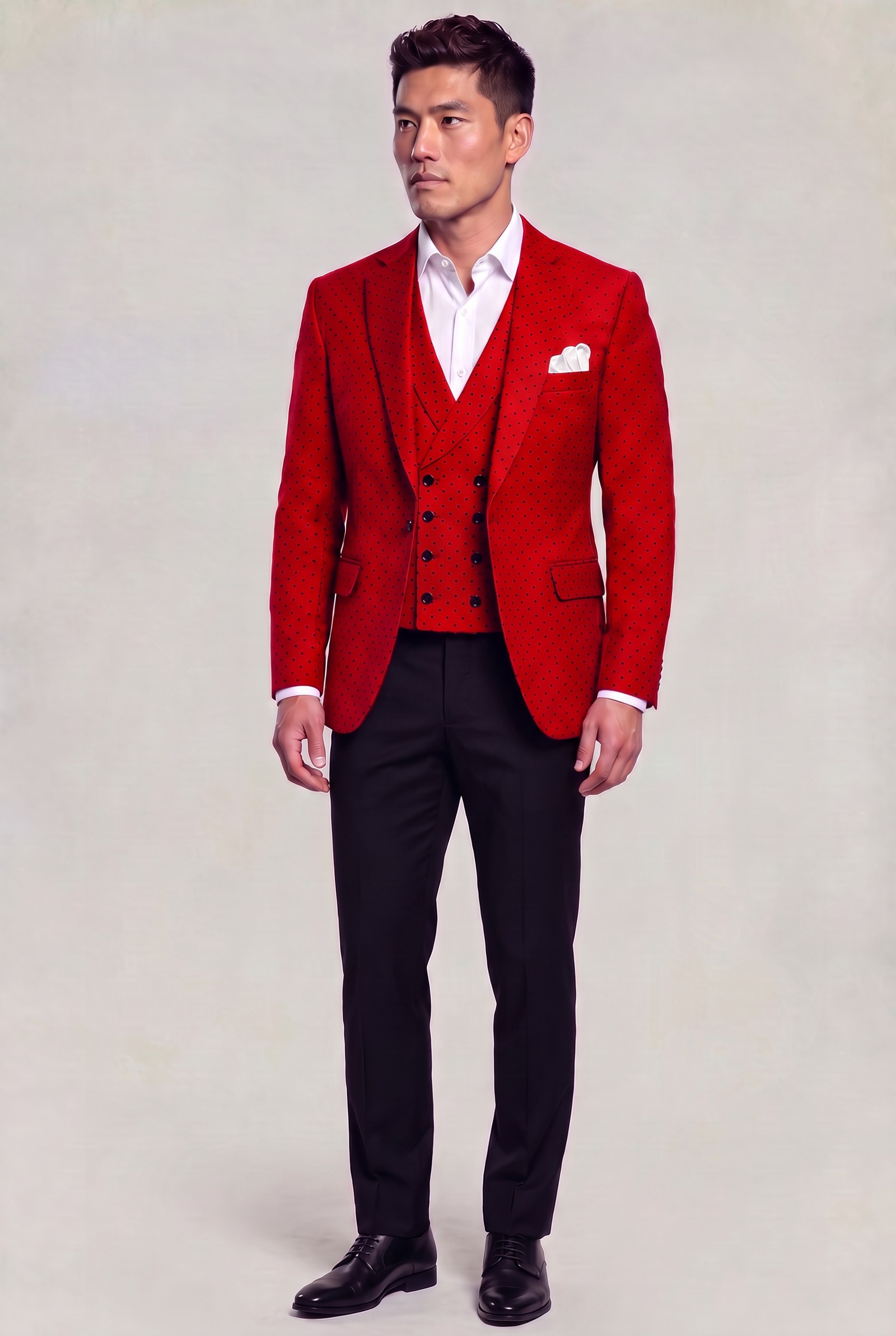 Full-length red polka dot jacket and eight-button vest with black trousers
