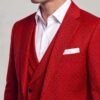 Close-up of red polka dot notch lapel and white pocket square