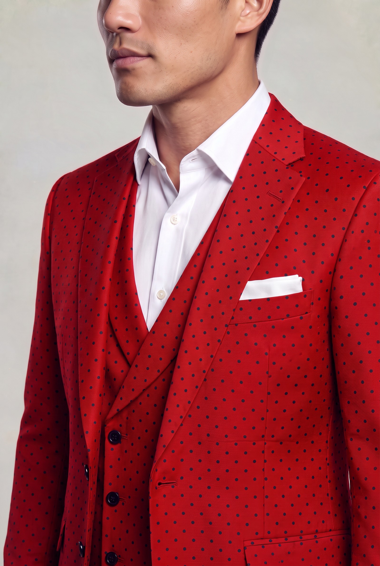 Close-up of red polka dot notch lapel and white pocket square