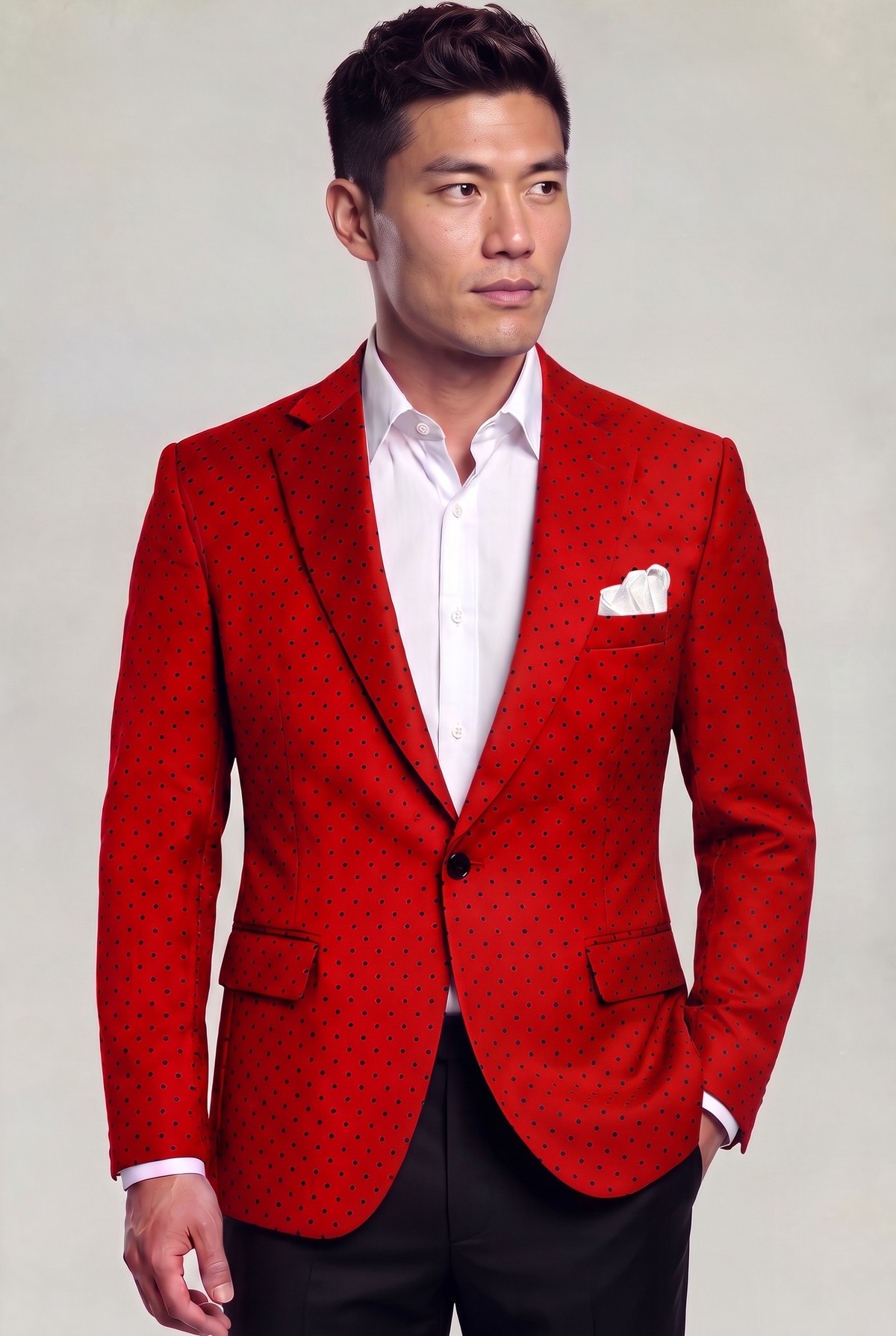 Red polka dot suit jacket and matching vest styled with black trousers