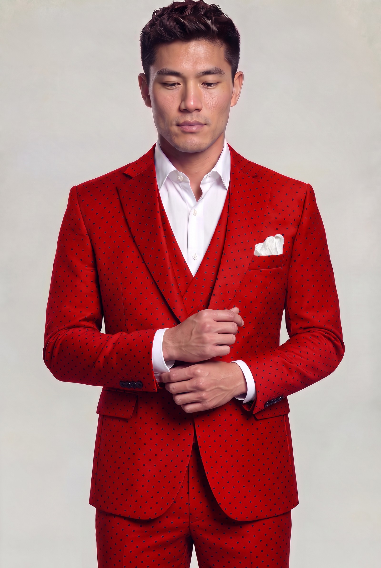 Red polka dot suit jacket in a cuff-adjusting pose