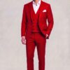 Full-length red polka dot three-piece suit with matching trousers