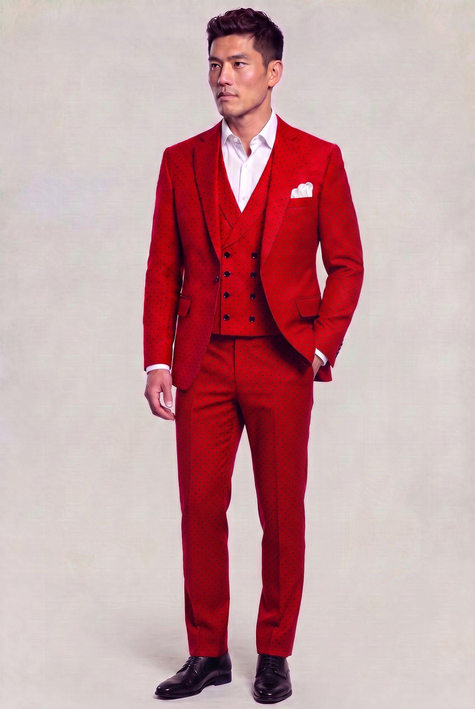 Full-length red polka dot three-piece suit with matching trousers