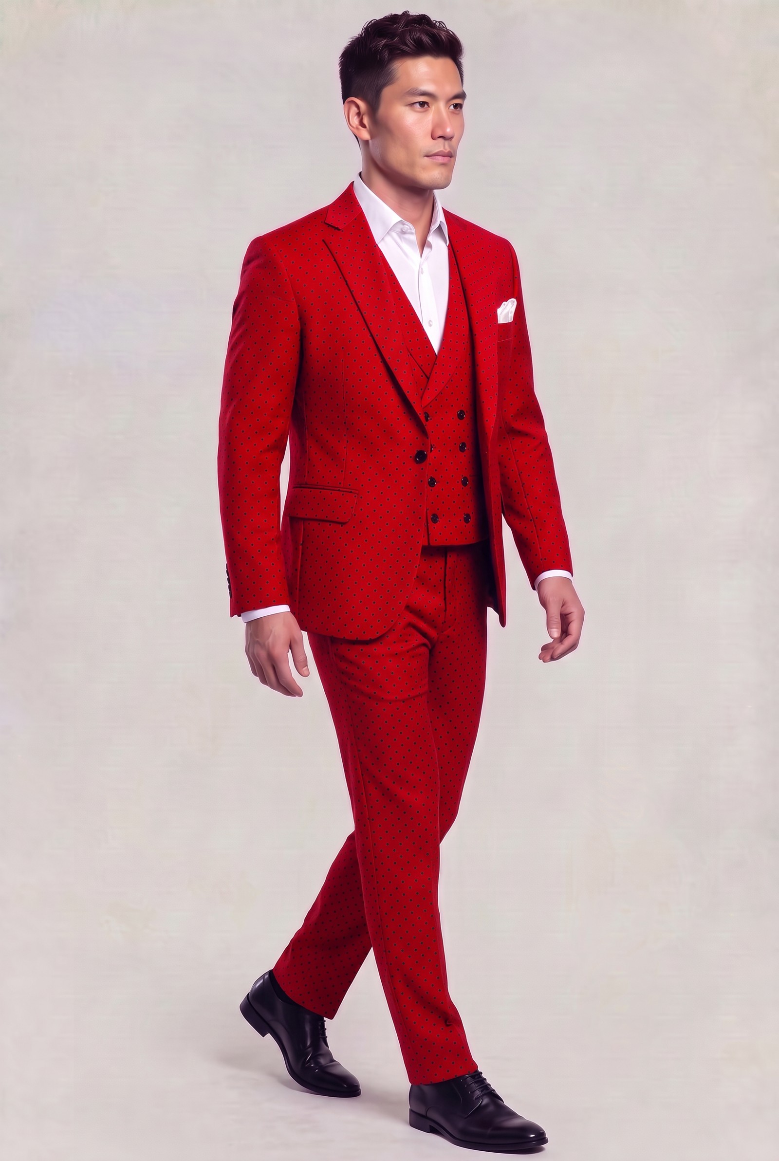 Red polka dot wedding suit with matching trousers in a side walking pose