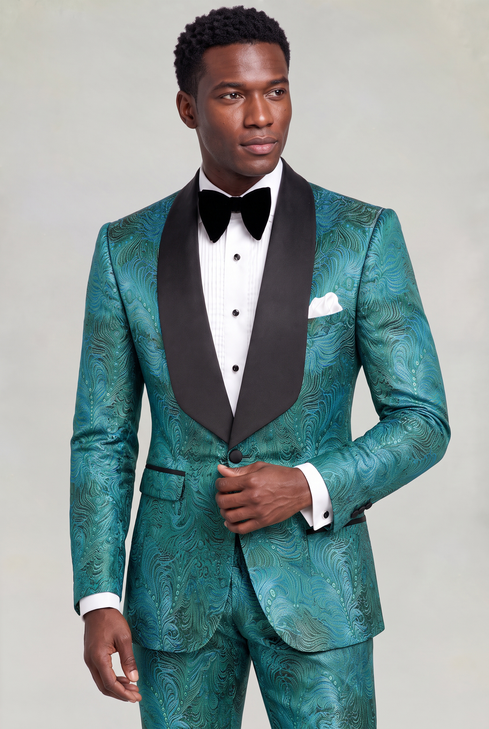 Blue Green Tuxedo Side Front Jacket Styling Portrait from Gentlemansguru.com