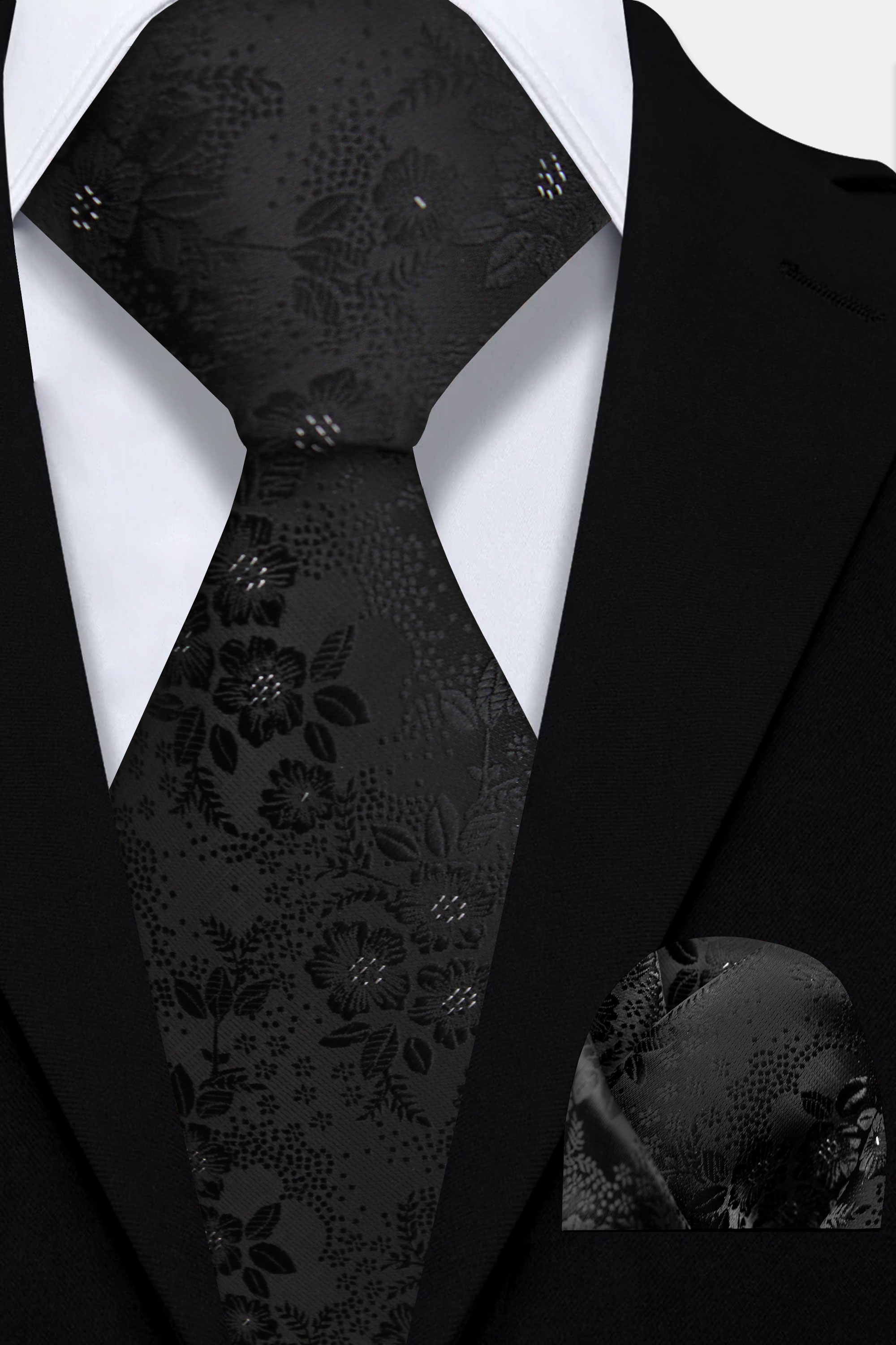 Mens-Black-Floral-Tie-and-Pocket-Square-Set-Wedding-Groom-Necktie-from-Gentlemansguru.com