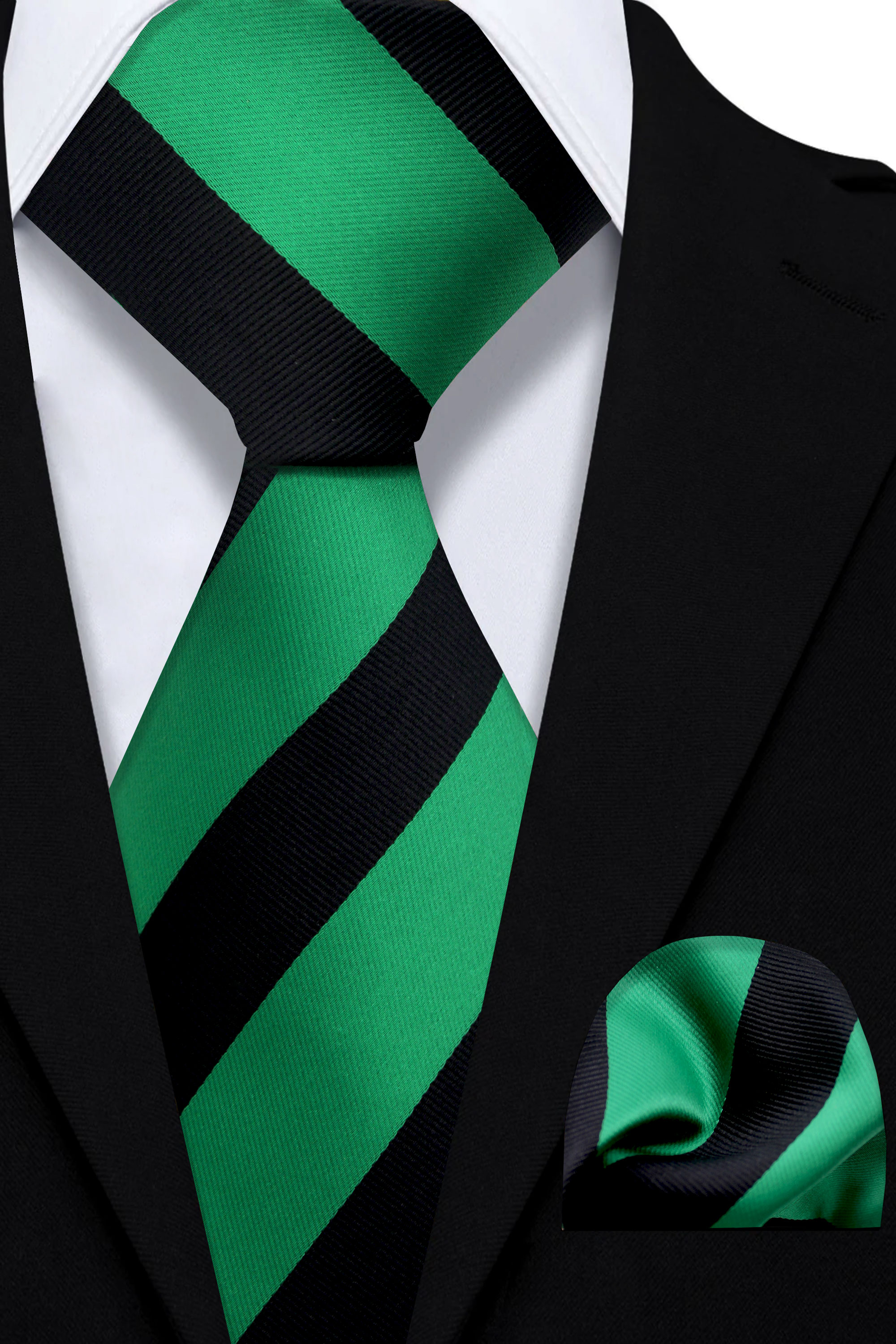 Mens-Black-and-Green-Striped-Tie-and-Pocket-Square-Set-Wedding-Groom-Necktie-from-Gentlemansguru.com
