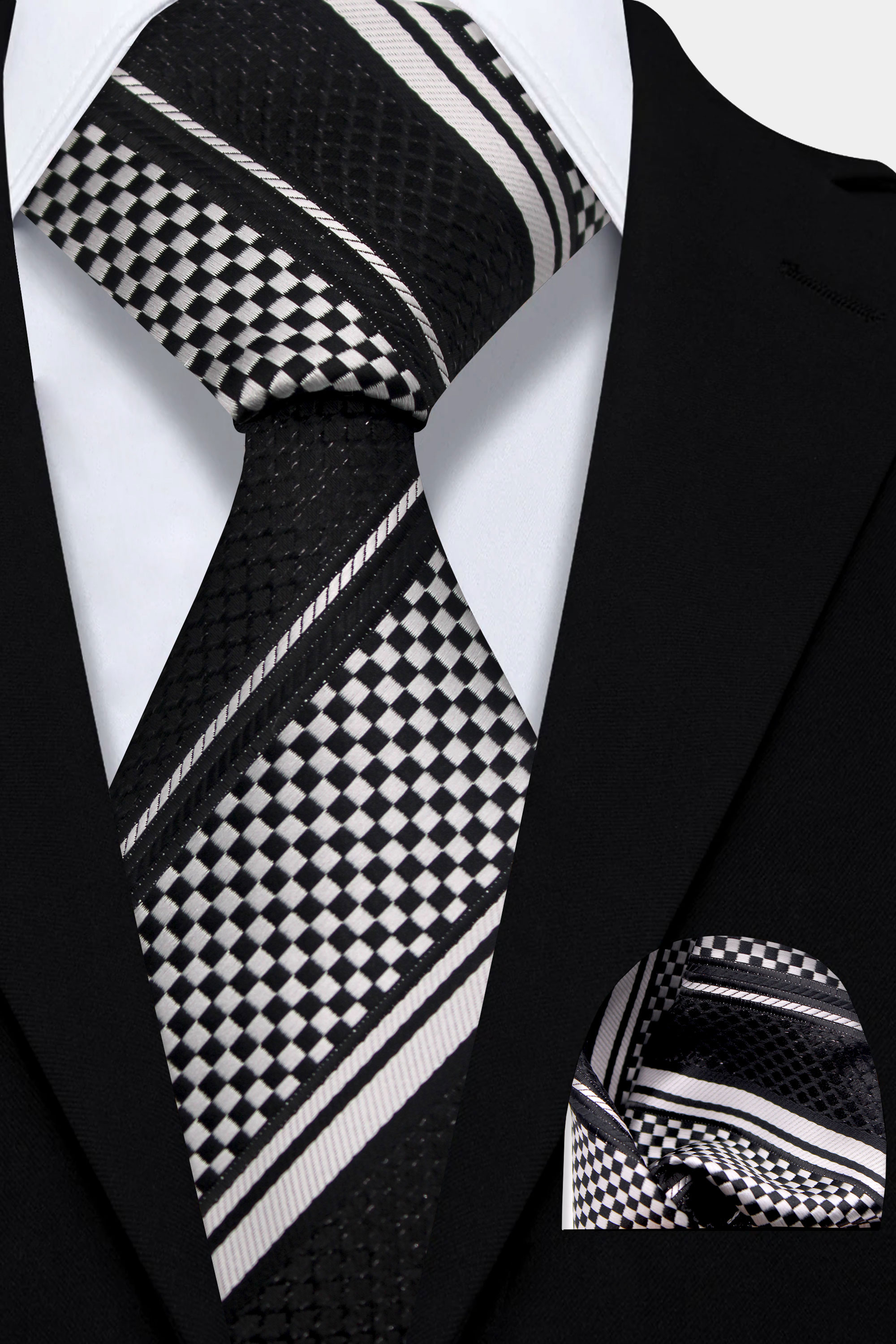 Mens-Black-and-White-Striped-Tie-and-Pocket-Square-Set-Wedding-Groom-Necktie-from-Gentlemansguru.com