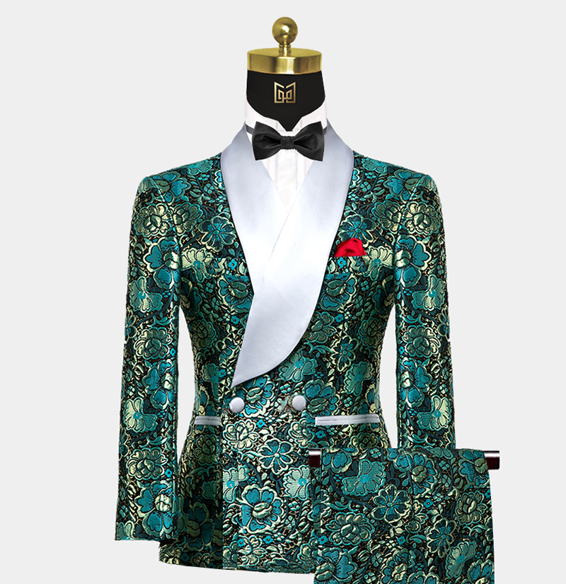 Double Breasted Teal Blue Green Floral Tuxedo - 2 Piece