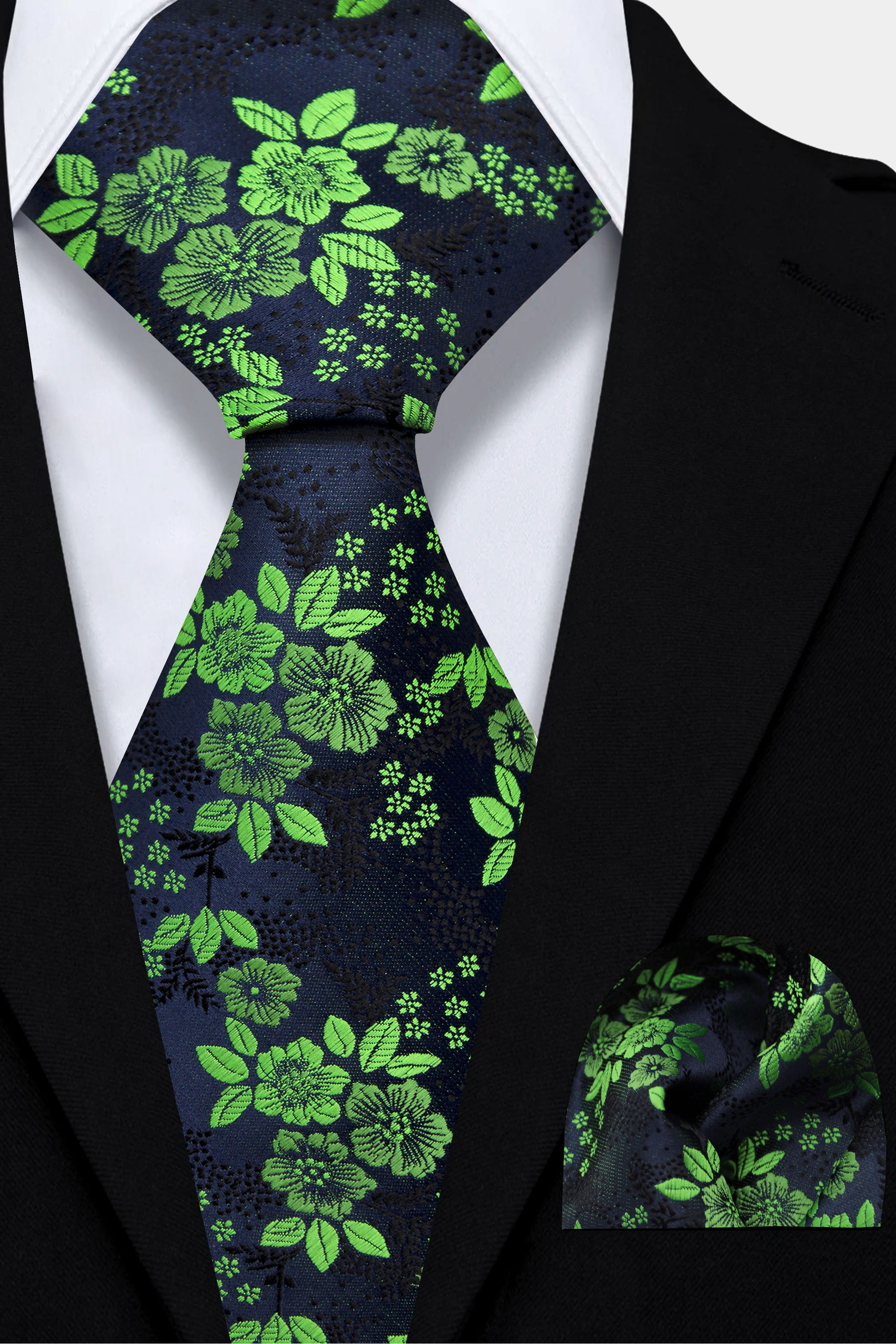 Green Floral Tie & Pocket Square Set - 2 Piece