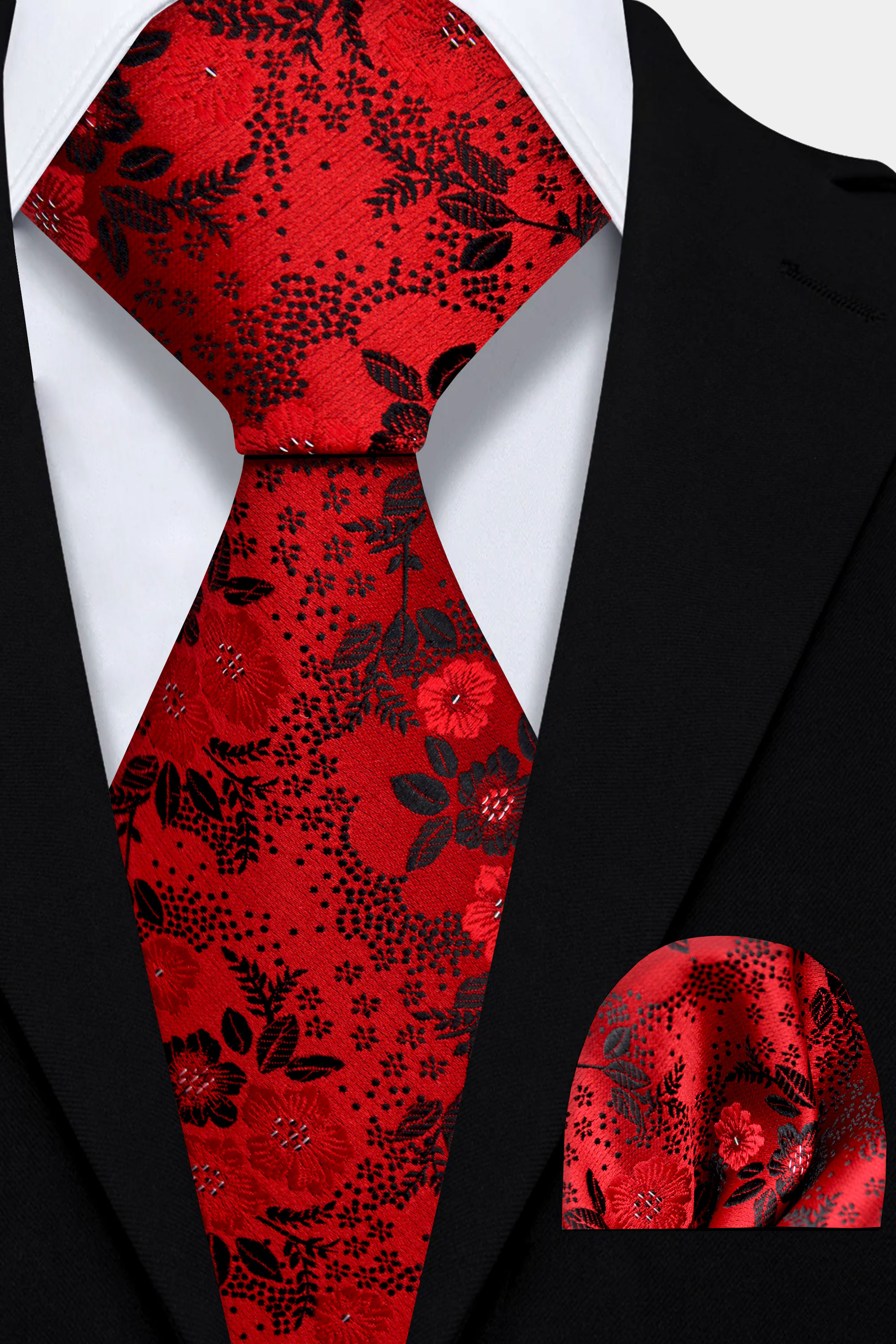 Red Floral Tie & Pocket Square Set - 2 Piece