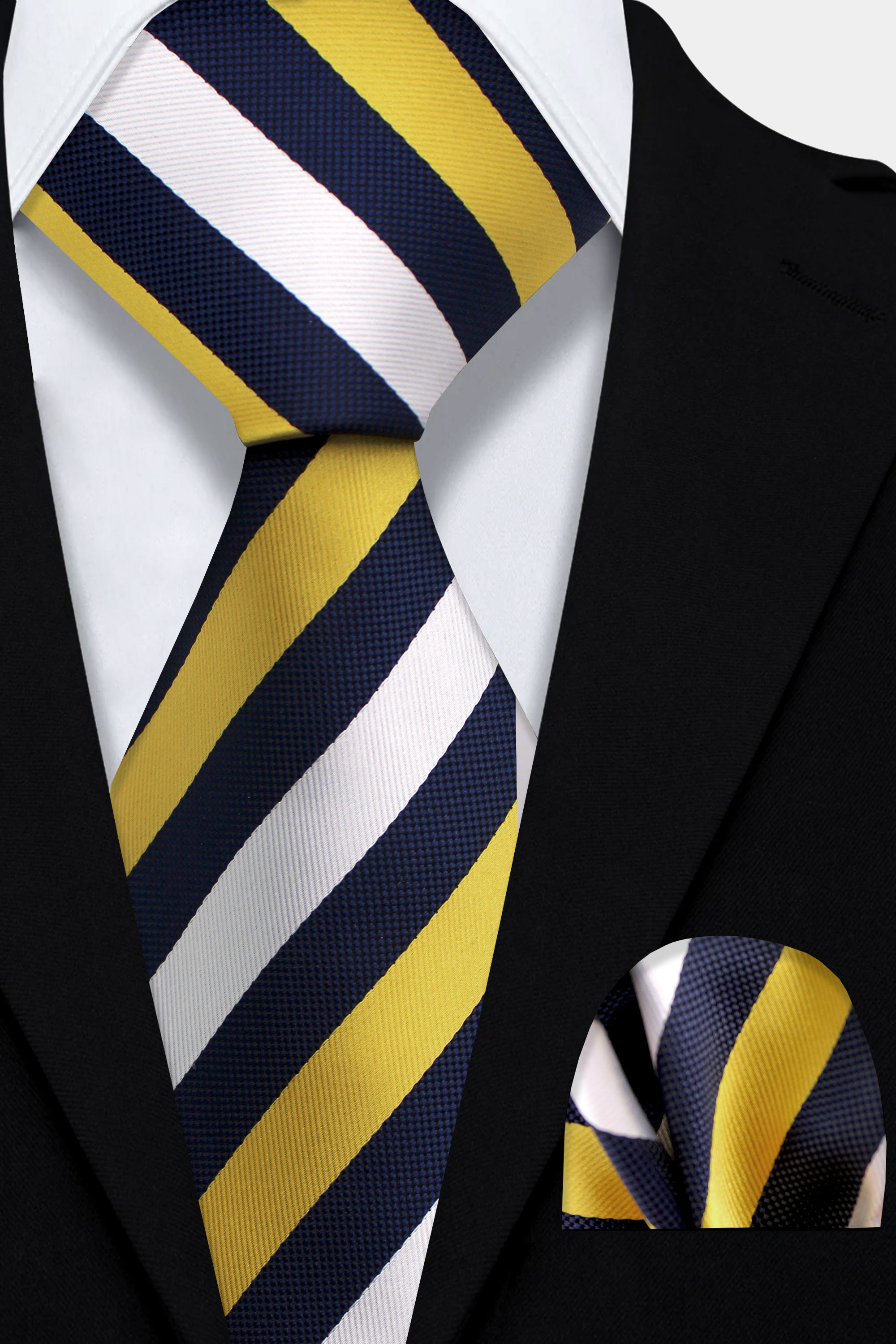 Navy Blue White & Gold Striped Tie Set