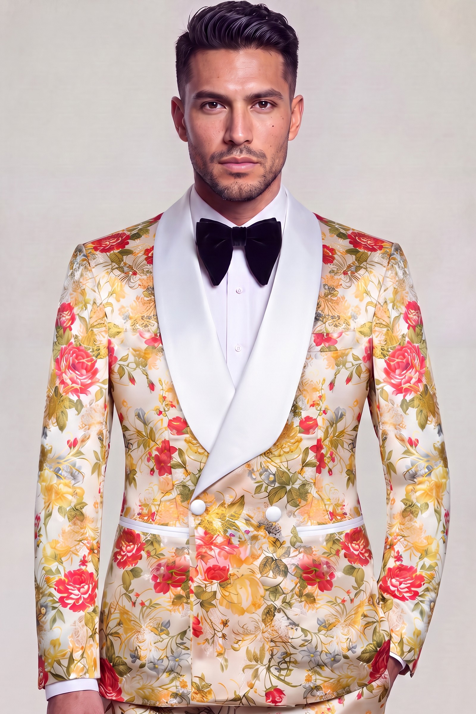 Peach floral double-breasted tuxedo with white satin shawl lapels