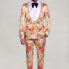 Full-length peach floral two-piece tuxedo with matching patterned trousers