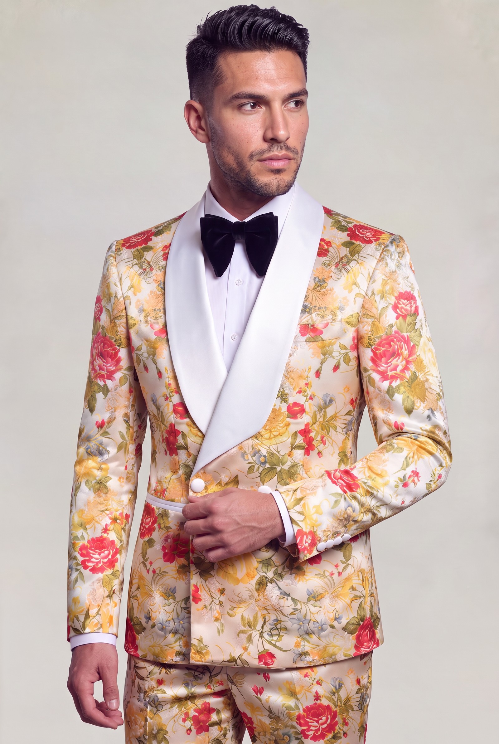 Peach floral tuxedo jacket with white lapels and matching trousers