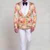 Full-length peach floral tuxedo jacket with plain white trousers