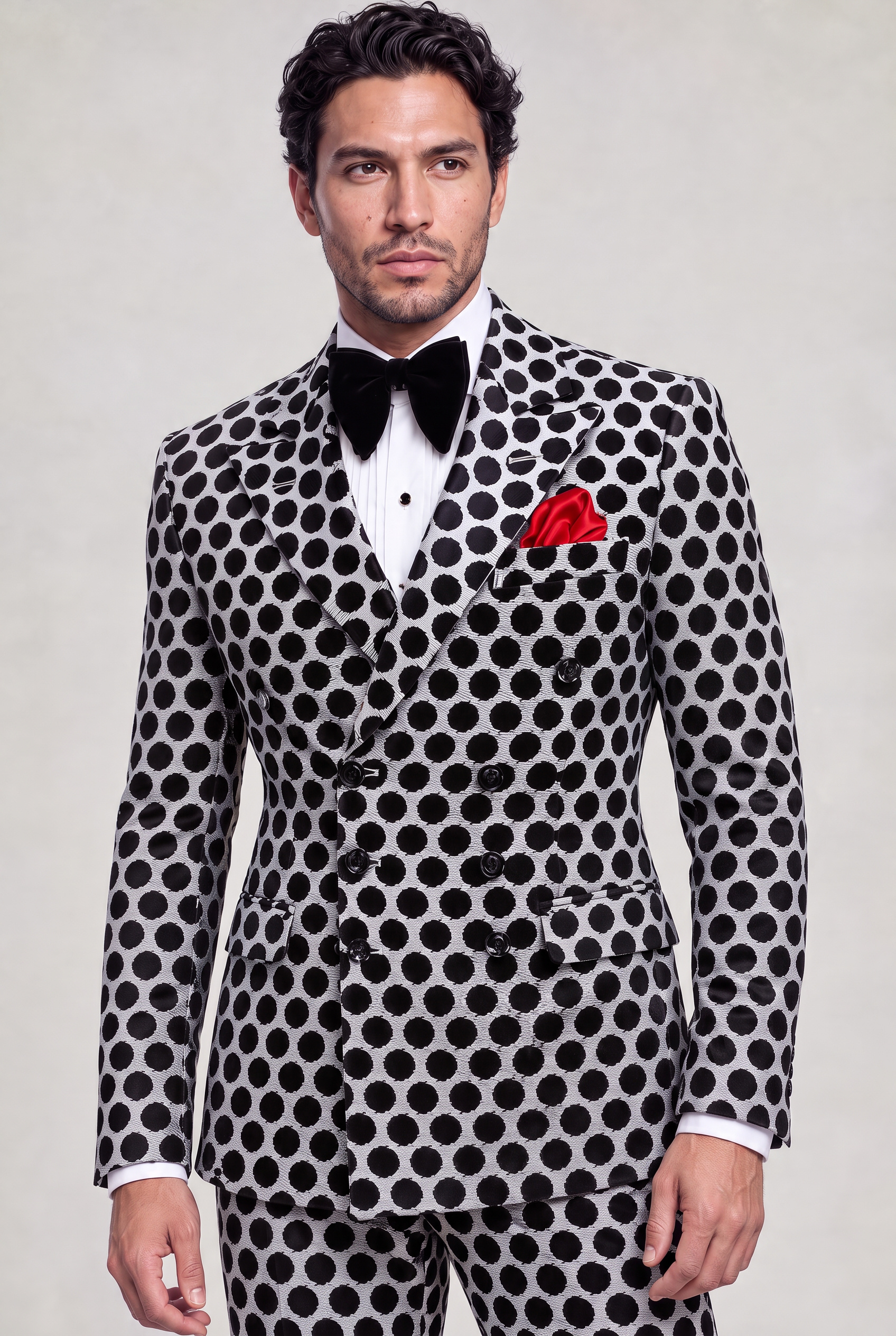 Black and White Polka Dot Suit Double Breasted Jacket Detail Portrait from Gentlemansguru.com