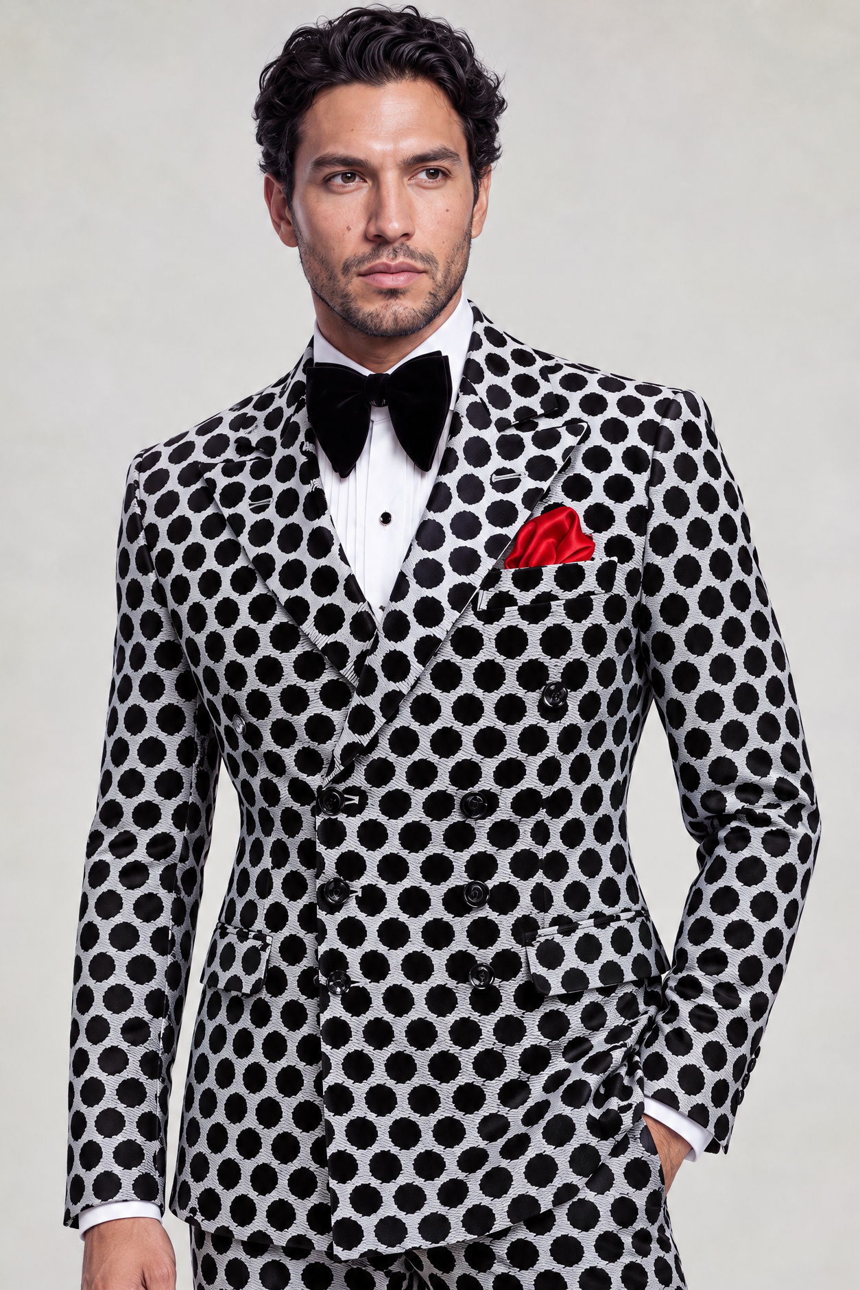 Black and White Polka Dot Suit Matching Trousers Jacket Length Portrait from Gentlemansguru.com