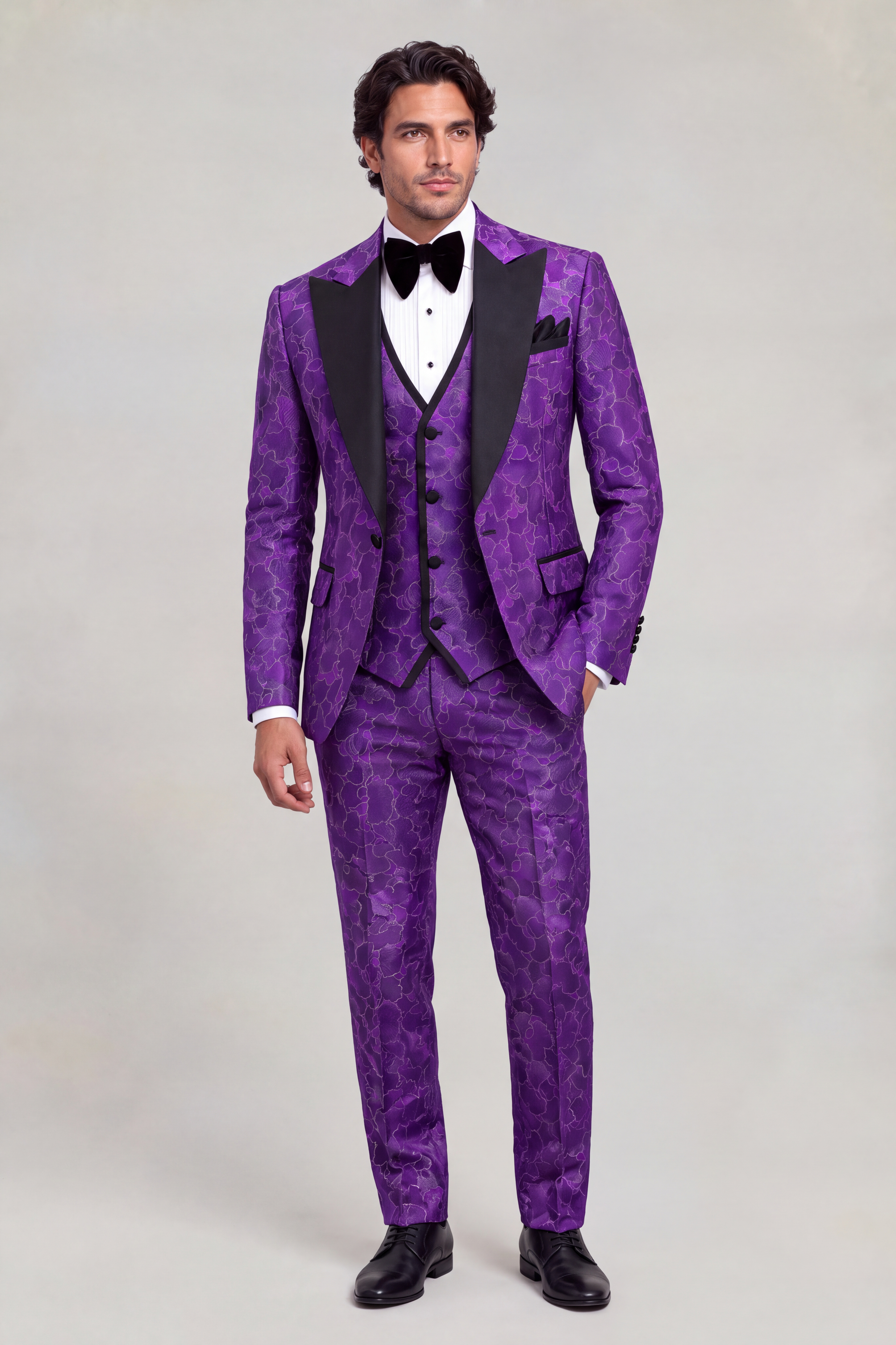 Dark Purple Tuxedo Standing with Matching Floral Trousers from Gentlemansguru.com