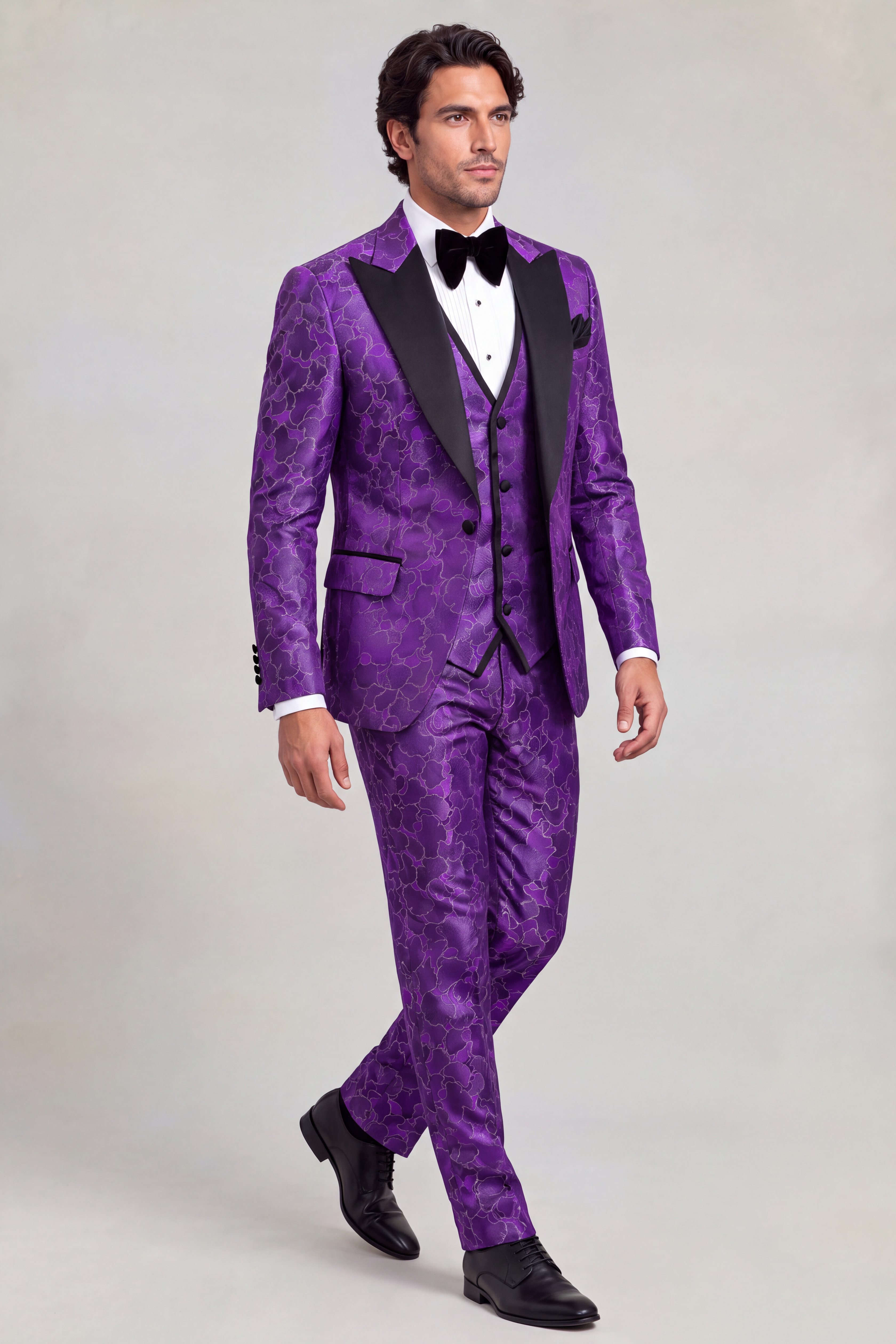 Dark Purple Tuxedo Walking with Matching Floral Trousers from Gentlemansguru.com
