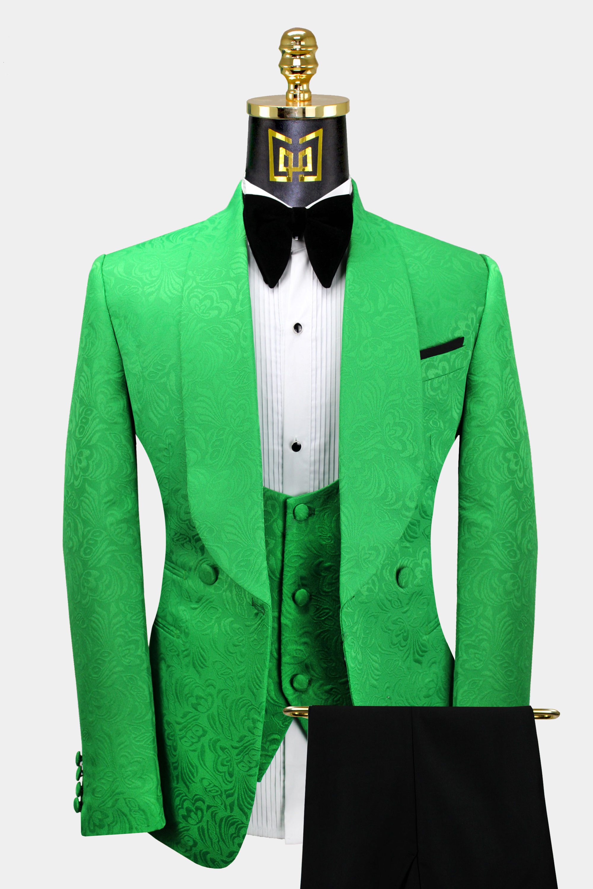 Floral Patterned Velvet Green Men Prom Blazer