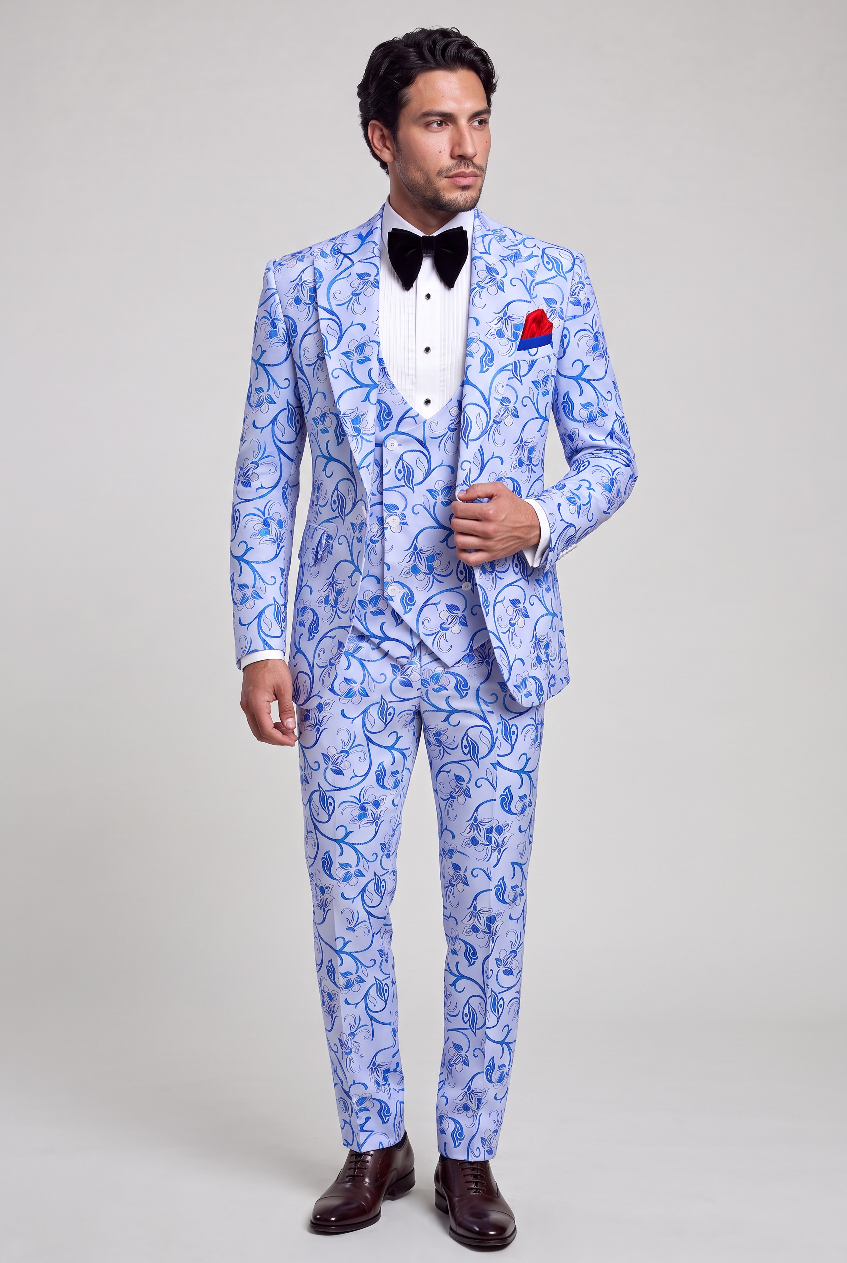 Silver and Blue Suit Matching Trousers Full Body Three Quarter Pose from Gentlemansguru.com